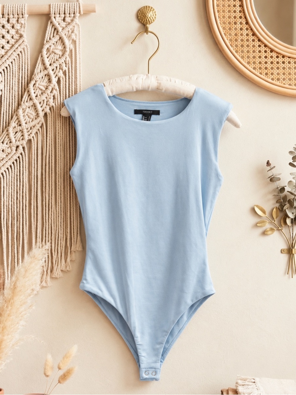 NWT Forever 21 Light Blue Sleeveless Padded Shoulder Bodysuit
